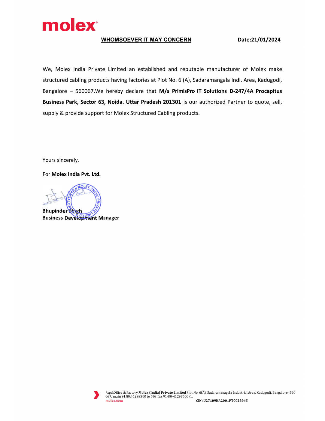 Molex India Structured cabling authorization document